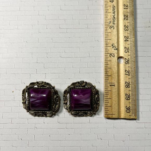 Vintage Purple Clip On Earrings Gold Filigree Statement Jewelry 1980s Earrings - Picture 2 of 7